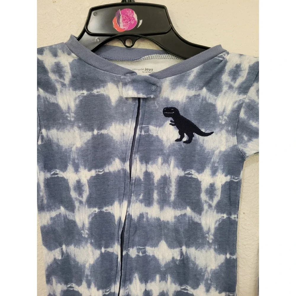 Carters Boys 4T Blue Tie Dye Dinosaur Footed Pajamas Zip Up Snug Fit #9